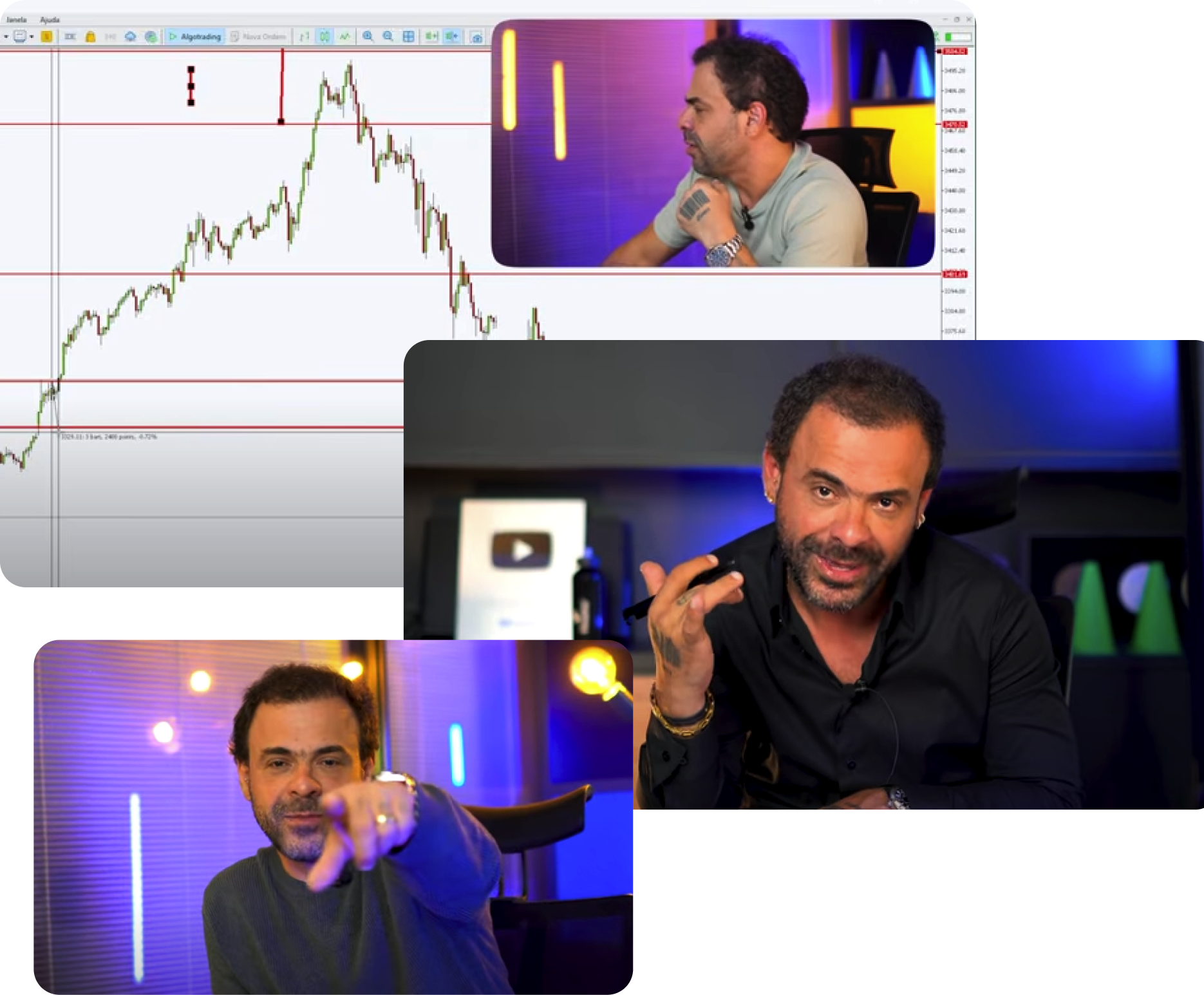 Imagens do marcelo demonstrando seu conhecimento em lives e conteúdos gratuitos na internet